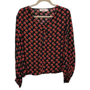 Louche Irena Peach Pansy Blouse Women Size 10 Black Red Floral V-Neck‎ Office
